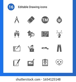 16 Ziehe gefüllte Symbole einzeln auf . Symbole mit Compasses, Eraser, Warenzeichen, Champagner, Quest, Property Plan, Grafiktablette, Grafikdesigner, Frauenhut, Sketching-Symbole.