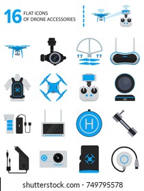 16 drone accessories icons in flat style