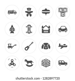 16 Dump truck toy, Teddy bear Rocking horse Spinner Plane Car Rocket toy modern icons on round shapes, vector illustration, eps10, trendy icon set.