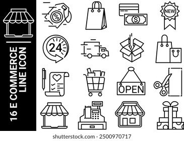 16 e commerce line icon, black and white