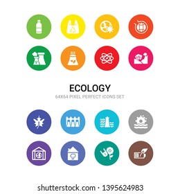 16 ecology vector icons set included energy, power, house, house effect, hydraulic energy, hydro power, hydroelectric power station, leaf, nature, nuclear energy, nuclear plant icons