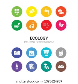 16 ecology vector icons set included pollution, radioactive, recyclable, recycle, recycle bag, recycle bin, recycled bag, recycled paper, renewable, renewable energy, reuse icons