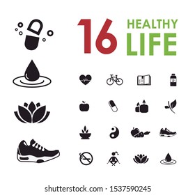 16 Editable vector. Wellness icons. Healthy living pictograms.