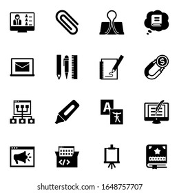 16 education filled icons set isolated on white background. Icons set with Webinar, Paperclip, Binder clip, Online library, Drawing tools, Sketching, Online coaching, Marker icons.