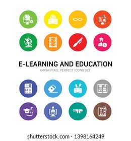16 e-learning and education vector icons set included digital book, diploma, distance teacher, e learning, ebook, education, eraser, exam, scholarship, fountain pen, game-based learning icons