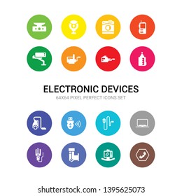 16 electronic devices vector icons set included telephone, television, trash compactor, trimmer, tv, usb, usb wireless adapter, vacuum cleaner, vaporizer, video camera, video recorder icons