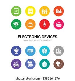 16 electronic devices vector icons set included plug, pressure cooker, printer, projector, radio, rice cooker, rotisserie, satellite dish, scanner, smart light, smartband icons