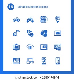 16 electronic filled icons set isolated on . Icons set with joystick, Gaming, mining farm, Initial Coin Offering, crypto-exchange, AI Pattern, eCommerce Strategy, e-Book icons.