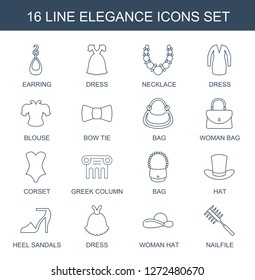 16 elegance icons. Trendy elegance icons white background. Included line icons such as earring, dress, necklace, blouse, bow tie, bag, woman bag. elegance icon for web and mobile.