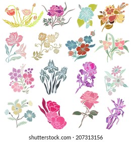 16 elegant decorative flowers, design elements. Floral branches. Floral decorations for vintage wedding invitations, greeting cards, banners.