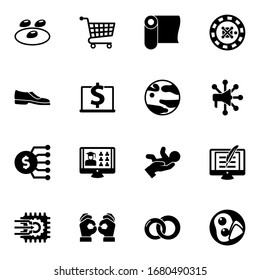 Los iconos rellenos de 16 elementos están aislados en fondo blanco. Iconos con semillas, examen a distancia, textil, calzado de hombre, Entrenamiento por ordenador, planeta, presupuesto de marketing, iconos de envío gratuito.
