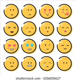 16 Emoticons Flat Yellow color grey line