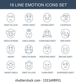 16 emotion icons. Trendy emotion icons white background. Included line icons such as emot in love, upset emot, crying emot, facepalm, mask. emotion icon for web and mobile.