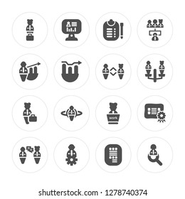 16 Employee, Analytics, Settings, Conversation, Certificate, Searching, Profits, Teamwork modern icons on round shapes, vector illustration, eps10, trendy icon set.