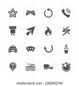 16 Empty Star, Game Controller Cross, Computer Keyboard, Question Message, Glass of Water with Drop, Time Almost Full, Robot modern icons on round shapes, vector illustration, eps10, trendy icon set.