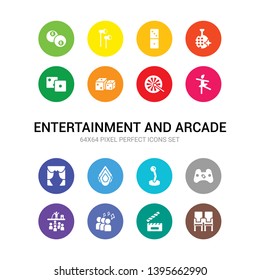 16 entertainment and arcade vector icons set included cinema seat, clapboard, club, concert, controller, controls, crystal, curtain stage, dance, dart, dice icons