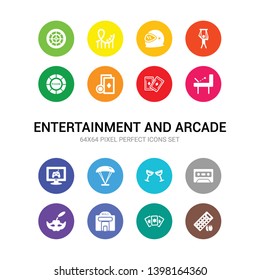 16 entertainment and arcade vector icons set included lottery game, magic cards, mall, masquerade, music tape, nightclub, paraplane, pc game, pinball, playing cards, poker icons