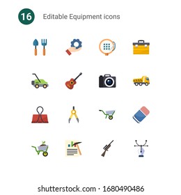 16 íconos planos de equipamiento aislados en . Iconos con herramientas de jardinería, Servicios, bordado, chapantalones, guitarra, fotografía, clip de encuadernador, brújulas, iconos de flechas de ruedas.