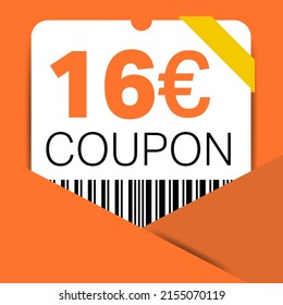 16 Euro Coupon promotion sale for a website, internet ads, social media gift 16 off discount voucher. Big sale and super sale coupon discount. Price Tag Mega Coupon discount with vector illustration.