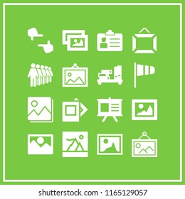 16 exhibition vector icon set with gallery, queing, employment id and theatre billboard with shows info icons for mobile and web