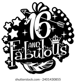 16 and fabulous black vector graphic design and cut file