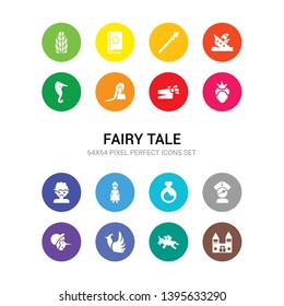 16 fairy tale vector icons set included palace, pegasus, phoenix, pinocchio, pirate, potion, princess, protagonist, queen, quetzalcoatl, rapunzel icons
