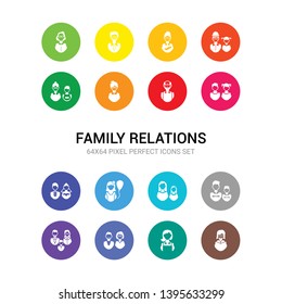 16 family relations vector icons set included widow / widower, wife, aunt's or uncle's child, parent, son, daughter, child, spouse, sibling, grandfather, grandmother icons
