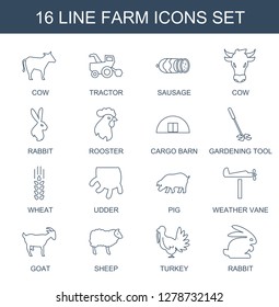 16 farm icons. Trendy farm icons white background. Included line icons such as cow, tractor, sausage, rabbit, rooster, cargo barn, gardening tool. farm icon for web and mobile.