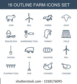 16 farm icons. Trendy farm icons white background. Included outline icons such as cow, mill, horse, goat, boiled egg, gardening tool, turkey, field. farm icon for web and mobile.