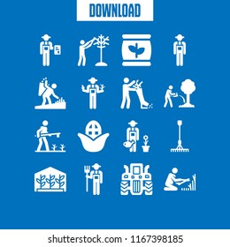 16 farming vector icon set with fertilizer, farmer, greenhouse and tractor icons for mobile and web