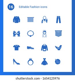 16 fashion filled icons set isolated on . Icons set with jumper, Knitting, tailor, Handmade, necklace, bride, t-shirt, Man shoes, sweatshirt, woman shoes, diamond ring icons.