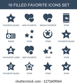 16 favorite icons. Trendy favorite icons white background. Included filled icons such as favorite music, add, minus favorite, star. icon for web and mobile.