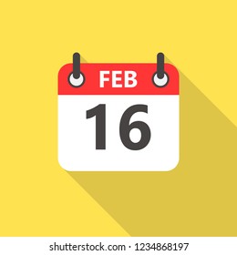 16 february calendar flat style icon with long shadow.
