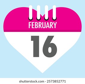 16 February calendar icon heart shape on light sky blue color background, calendar vector symbol for the month of February.