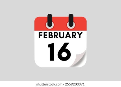 16 February calendar icon text page monthly web design on red, white, black and ash background vector, icon, or illustration with the month of February 16