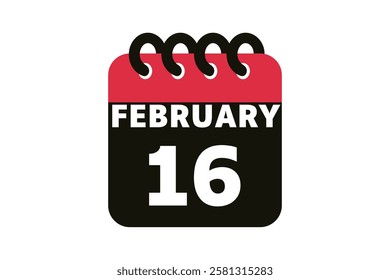 16 February calendar icon text page monthly web design on red, black and white background vector, icon, or illustration with the month of February 16