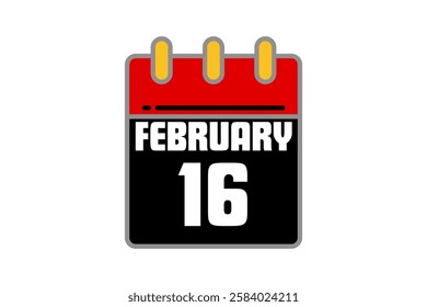 16 February calendar icon text page monthly web design on red, black, yellow and white background vector, icon, or illustration with the month of February 16