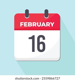 16 February Daily Calendar Icon 3d style red and white with light blue background