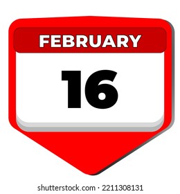 16 February vector icon calendar day. 16 date of February. Sixteenth day of February. 16th date number. 16 day calendar. Sixteen date. Vector illustration