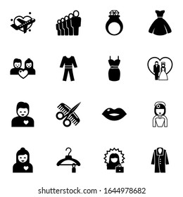 16 female filled icons set isolated on white background. Icons set with Honeymoon, staff, handmade Jewelry, couple, pyjamas, dress, girlfriend, Hairdressing salon, bride dress icons.