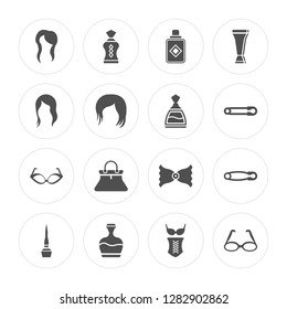 16 Female with long hair, Stylish perfume bottle, Fountain jar, Liquid eyeliner, Safety pin, Eyeglasses modern icons on round shapes, vector illustration, eps10, trendy icon set.