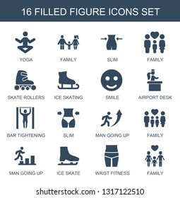 16 figure icons. Trendy figure icons white background. Included filled icons such as yoga, family, slim, skate rollers, ice skating, smile, airport desk. figure icon for web and mobile.