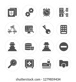 16 File, Settings, Safebox, Keyword, Warning, Files and folders, Server, Spy, Key modern icons on round shapes, vector illustration, eps10, trendy icon set.