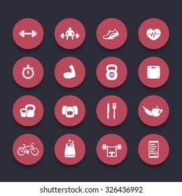 16 fitness, gym, sport, workout, healthy living round red icons, vector illustration