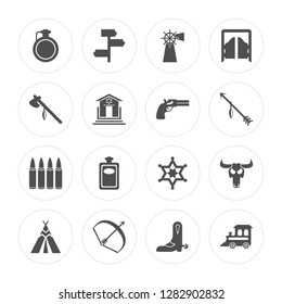 16 Flask, , Bow, Tipi, Cattle skull, Train, Tomahawk, Bullets, Gun modern icons on round shapes, vector illustration, eps10, trendy icon set.
