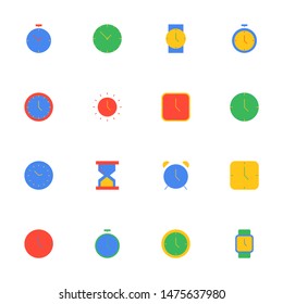 16 flat clock icons pack in multicolors. Creative user interface timer icon design colours. 