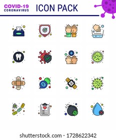 16 Flat Color Filled Line Coronavirus disease and prevention vector icon health; water bowl; gloves; medical; hands viral coronavirus 2019-nov disease Vector Design Elements