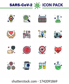 16 Flat Color Filled Line Corona Virus pandemic vector illustrations test; lab; security; flask; tubes viral coronavirus 2019-nov disease Vector Design Elements