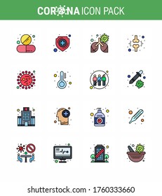 16 ilustraciones vectoriales del virus de la corona en línea llena de color plano, paciente; fracción; escudo; freno; neumonía coronavirus viral 2019-nov Enfermedad Vector Elementos de diseño