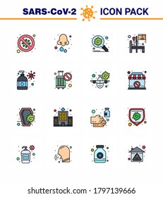 16 Flat Color Filled Line Set of corona virus epidemic icons. such as hospital; spread; drops; security; corona viral coronavirus 2019-nov disease Vector Design Elements